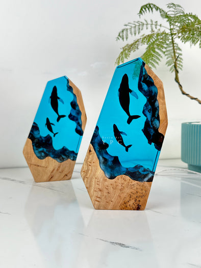Oceanic Dreams Mother and Child Whale Night Light, Resin Wood Lamp