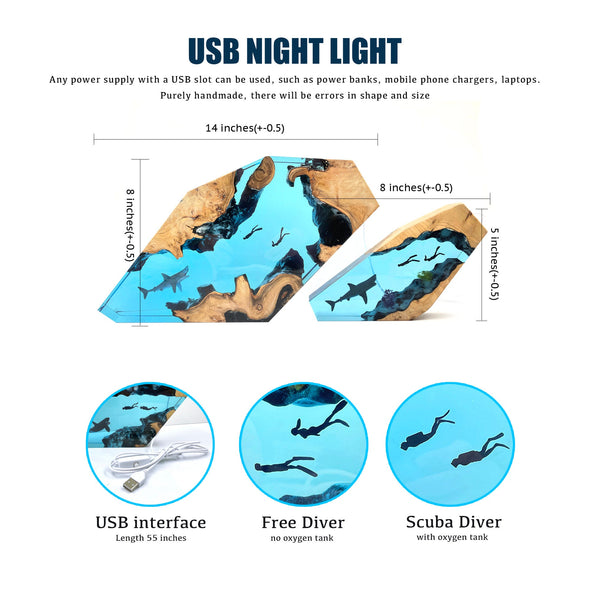 Hammerhead shark & Diver Night light, Miniscule Worlds Lamp, Large Epoxy Resin Wood, Birthday gift, Kids gift, Mother day gift