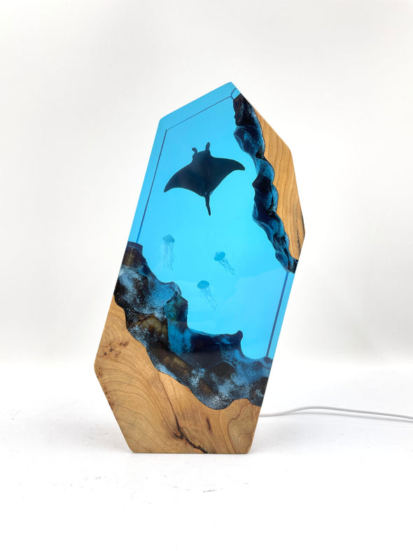 Manta rays Jellyfish Night light, Resin Wood Lamp, Blue ocean Miniature, Home decor unique gift, Kids gift, Mother day gift