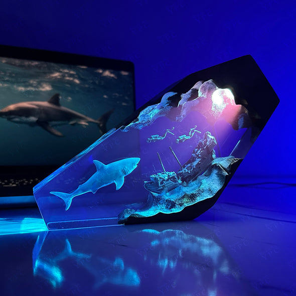 Underwater Adventure: Unique Resin Wood Night Light with Majestic Great White Shark, Shipwreck, and Diver, Father's Day gifts