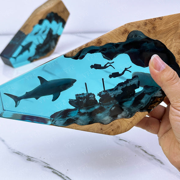 Underwater Adventure: Unique Resin Wood Night Light with Majestic Great White Shark, Shipwreck, and Diver, Father's Day gifts