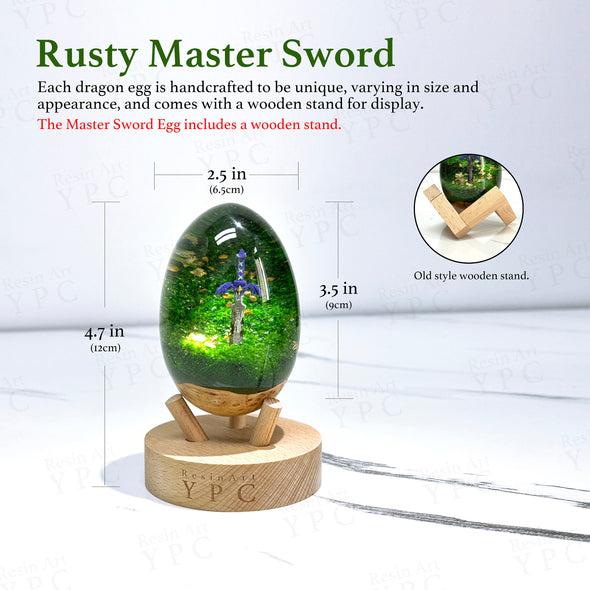 A resin and wood egg with a rusty master sword inside and a wooden stand to display it. Inspired by The Legend of Zelda games